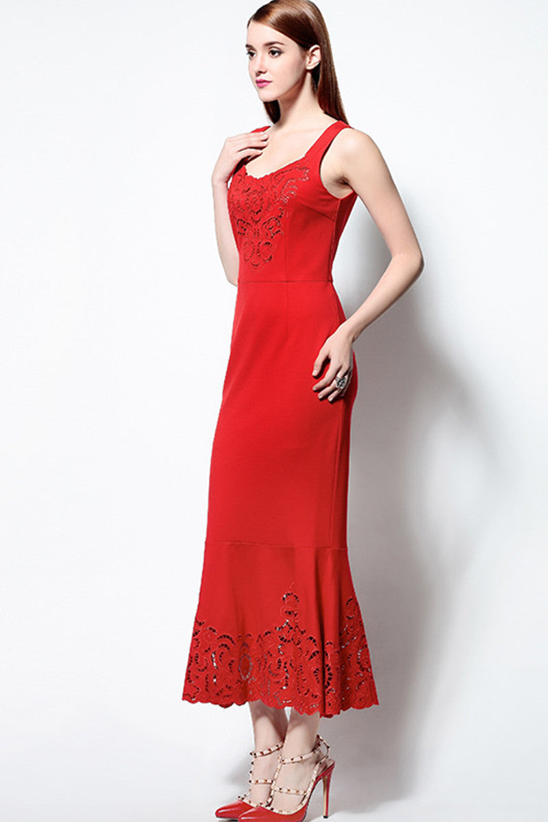 [30% OFF TILL 23 MAR] Embroidered Illusion Low Cut Fishtail Cocktail Dress - NJOYDRESS - 4