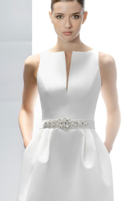 Boat Neck Slit Deep V Beaded Empire Waist Slant Pocket Runched Gown