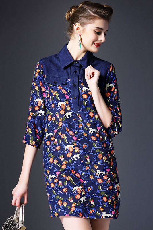 WOMEN'S PRINT AND FLORAL POLO NECK 3/4 SLEEVE SHORT DRESS