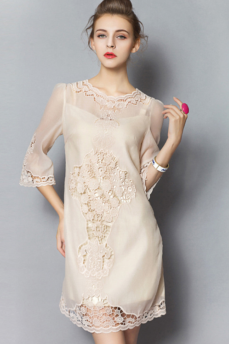Scarlet 3/4-Sleeve Embroidered Shift Cocktail Dress