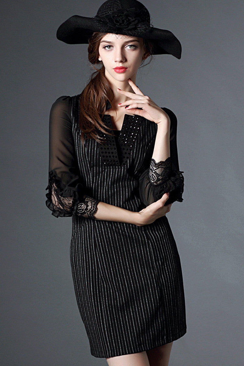 Stripe Body With See Through Sleeve Dress