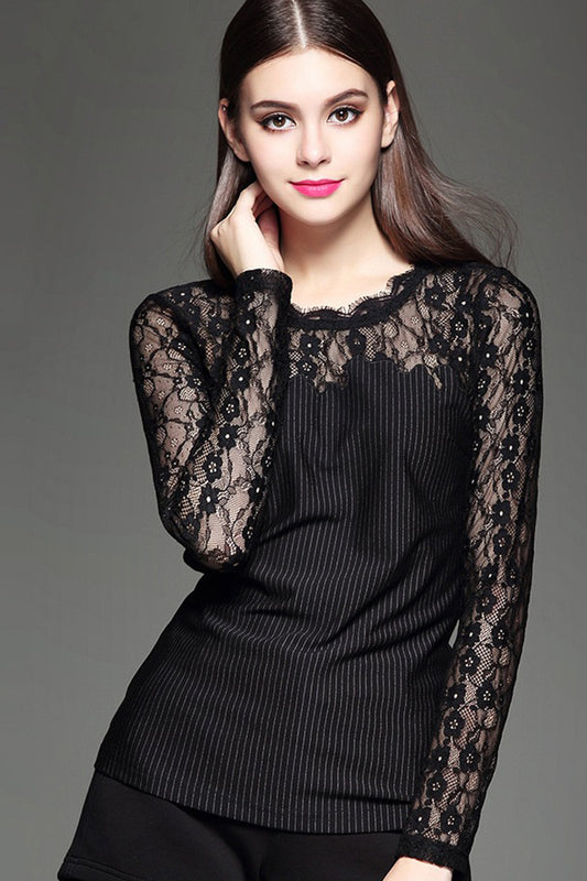 Eyelash Lace Joint Thin Stripe Tops