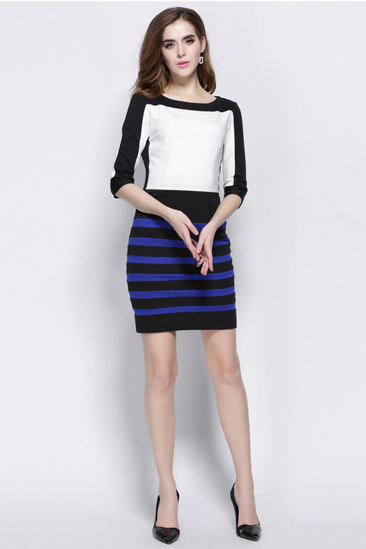 FORMAL SLIM STRIPE HALF SLEEVE ROUND NECK OL DRESS