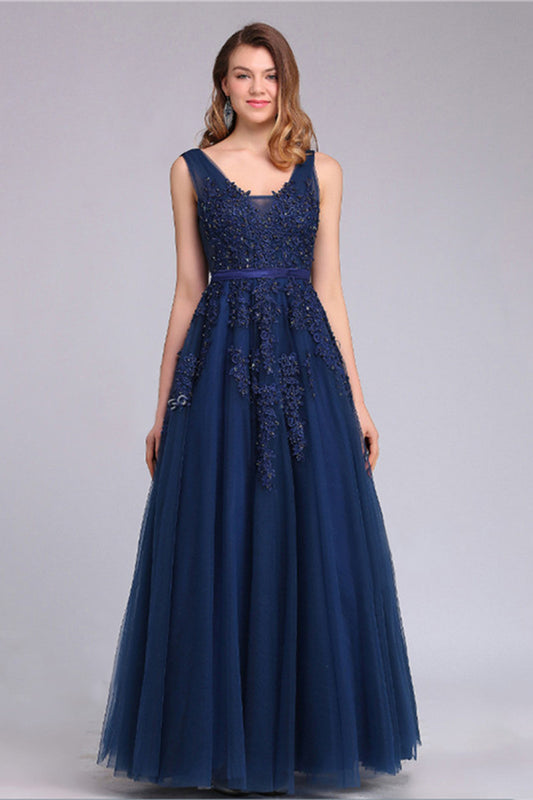Deep V Neck Floral Lace Sequin Tulle Overlay Gown