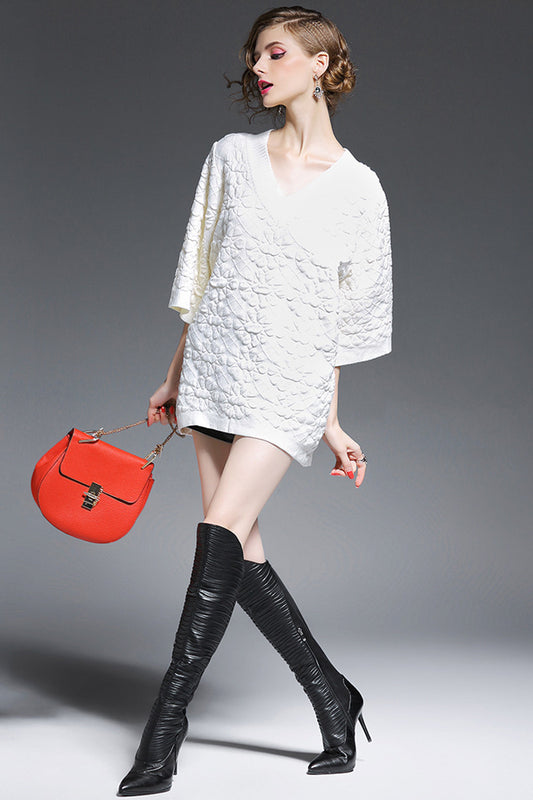 V-Neck Scoop Half Sleeve Loose Knit Jacquard Top - NJOYDRESS - 1