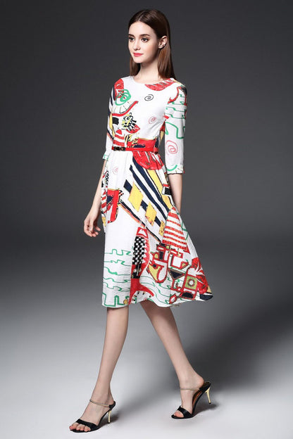 Round Collar Graffiti Cartoon Print Flare Dress With Belt