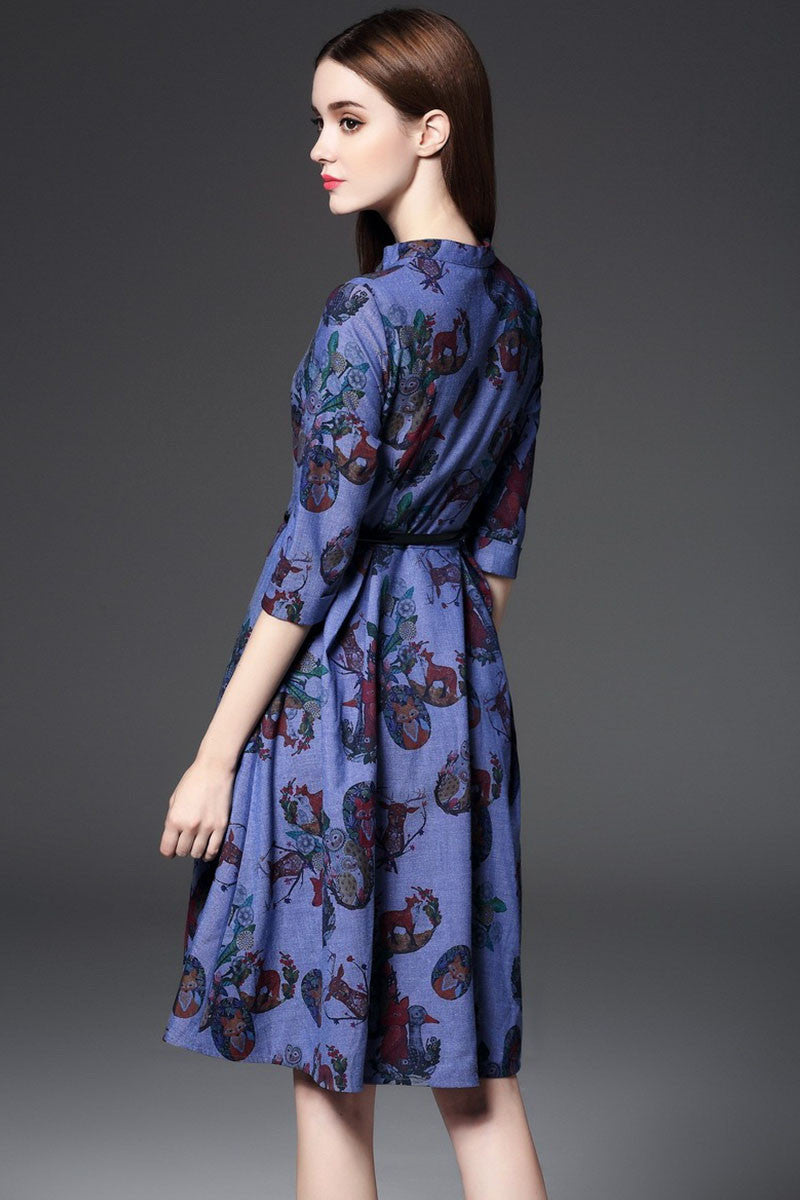 Stand Collar Animals Pattern Slim  Swing Dress With Belt