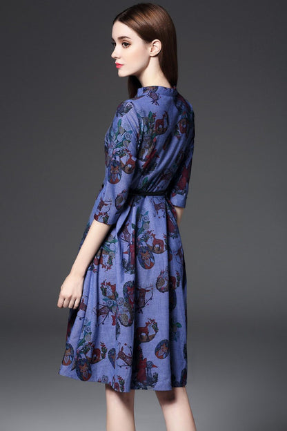 Stand Collar Animals Pattern Slim  Swing Dress With Belt