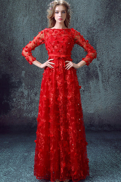 3D Flowers Applique Sheer Sleeve Runched Long Gown Dress