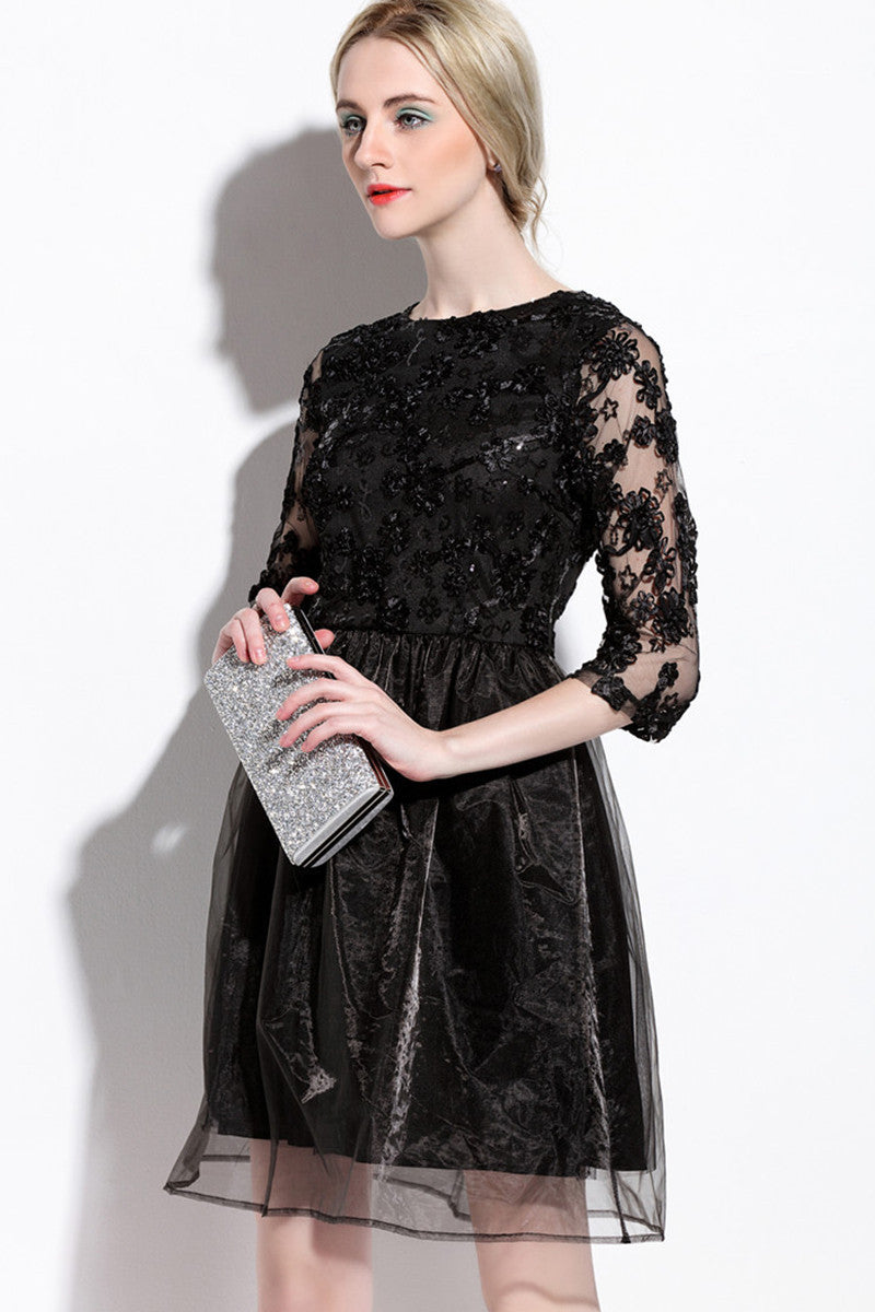 Round Collar Floral Embroidery Applique Sheer Organza Full Pleated Dress