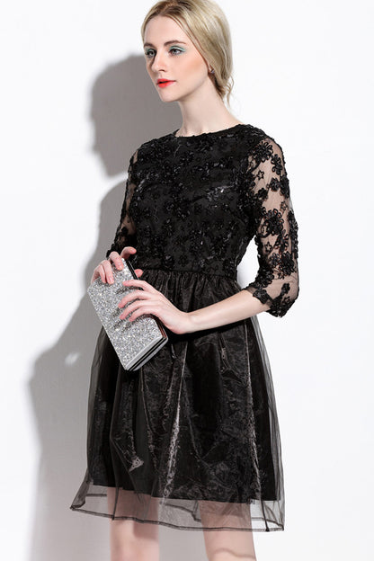 Round Collar Floral Embroidery Applique Sheer Organza Full Pleated Dress
