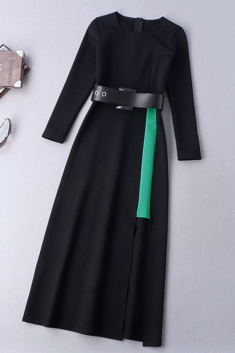 Round Collar Side Slit Maxi Dress With Belt