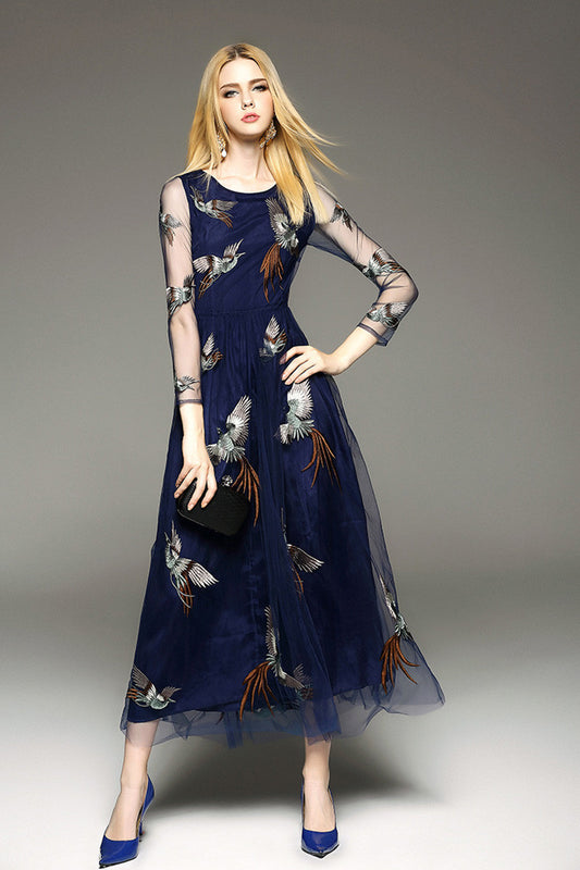 Elegant Long Lace Sleeve Boat Neck Evening Party Dress