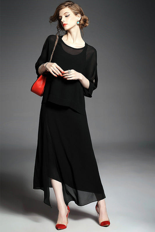 Women's Loose Backless Dress 3/4 Sleeve Boat Neck Chiffon Party Dress - NJOYDRESS - 1