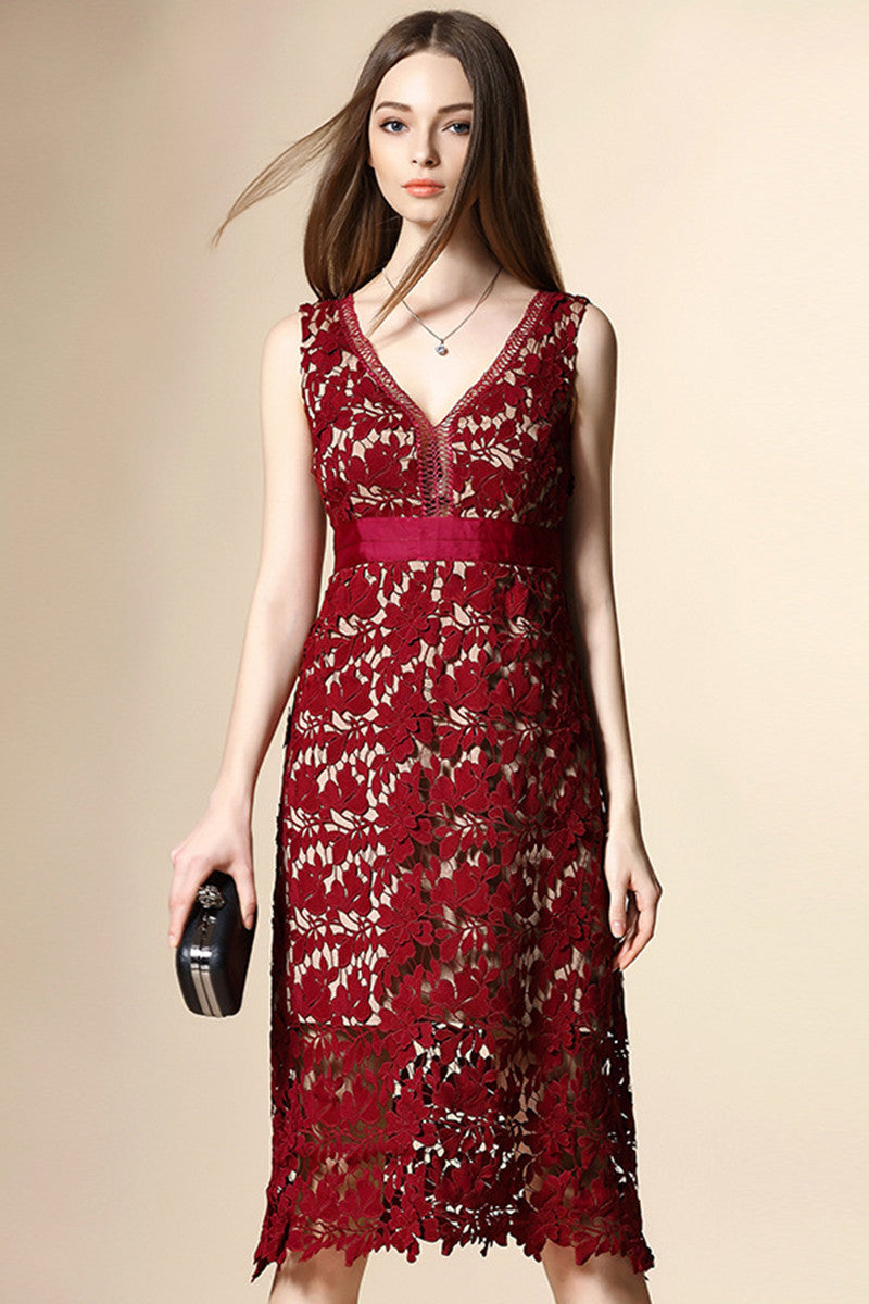 [30% OFF TILL 8 APR] Grace Hollow-Out Lace High-Waist Slim Cocktail Dress