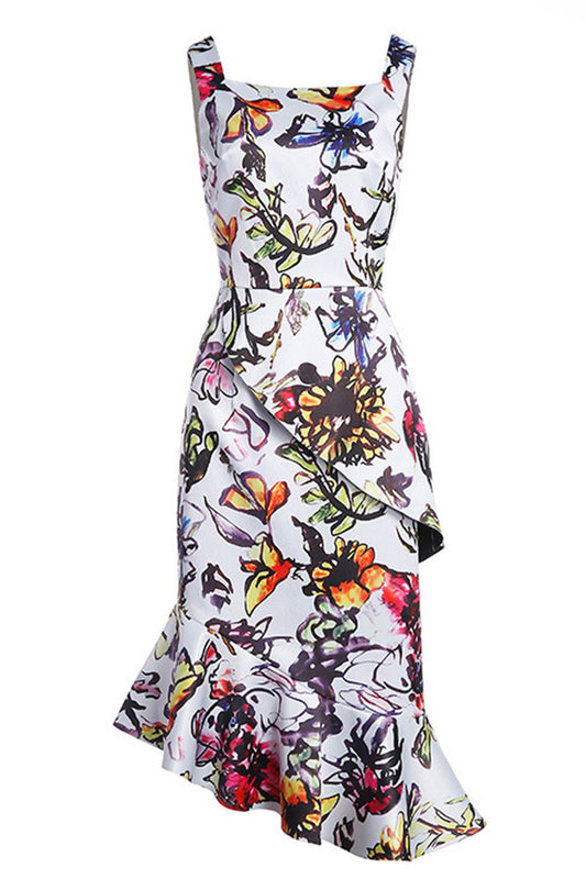 Square Neck Floral Print Slah Irregular Flare Hem  Dress