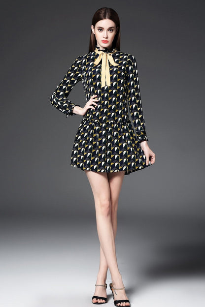WOMEN'S CASUAL 3/4 SLEEVE DOT PRINTING STAND COLLAR PARTY DRESS
