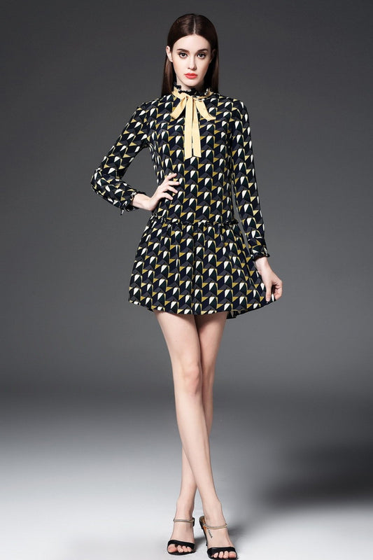 WOMEN'S CASUAL 3/4 SLEEVE DOT PRINTING STAND COLLAR PARTY DRESS