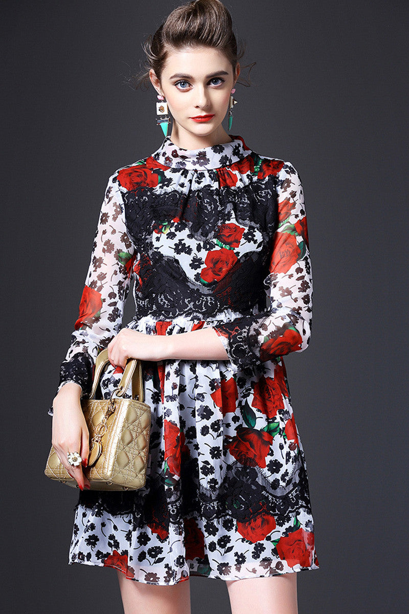 Mock Neck Long Sleeve Floral Printing With Lace PatCH Flared Dress