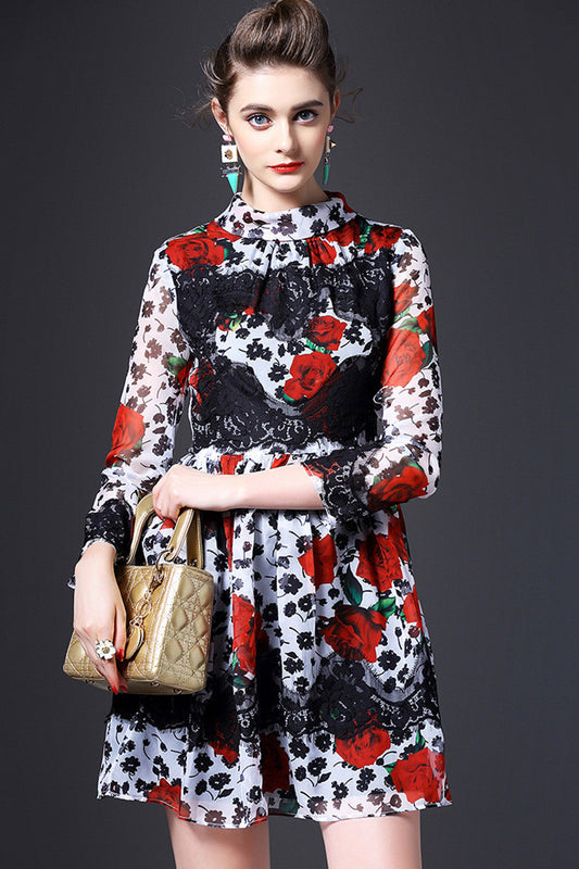 Mock Neck Long Sleeve Floral Printing With Lace PatCH Flared Dress