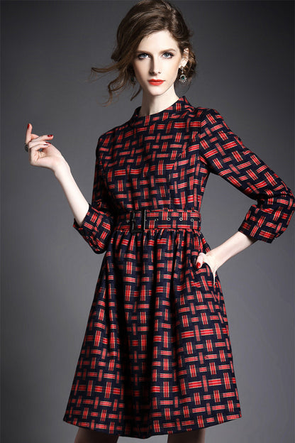 Women's Slim Plaids Dress Long Sleeve Stand Collar Grace Vintage Dress