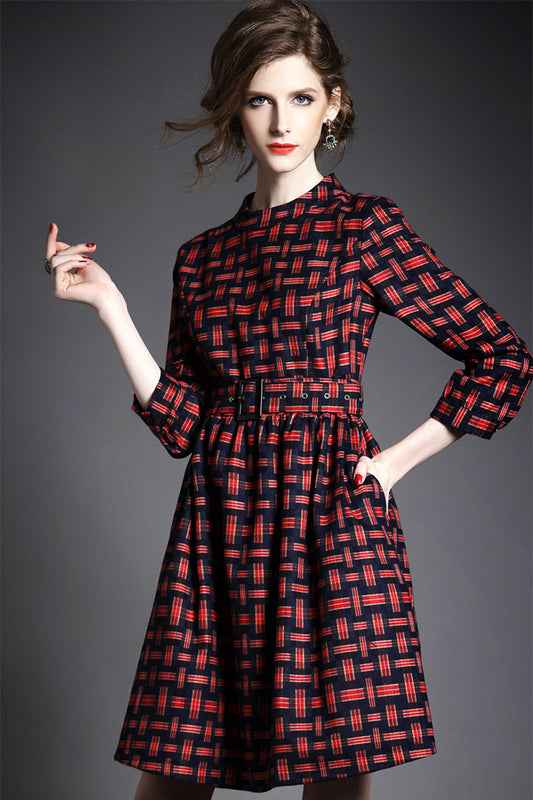 Women's Slim Plaids Dress Long Sleeve Stand Collar Grace Vintage Dress