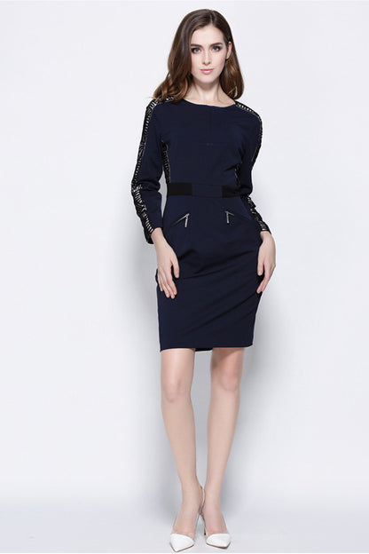 WOMEN'S BOAT NECK ELEGANT LONG SLEEVE SHORT DRESS WITH BELT