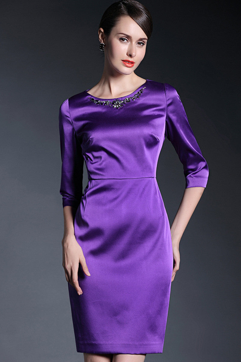 Thick Satin Midi Dress With Beaded Necklace