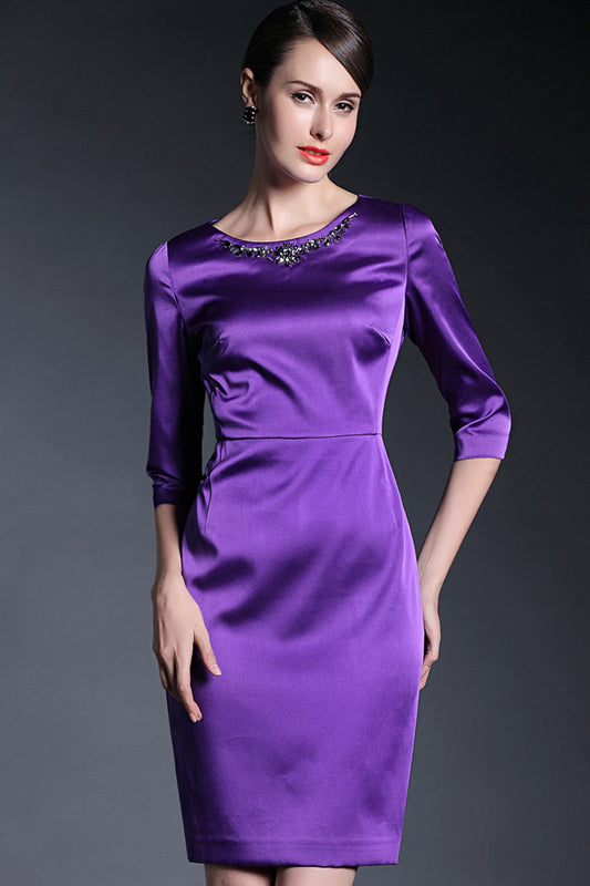 Thick Satin Midi Dress With Beaded Necklace