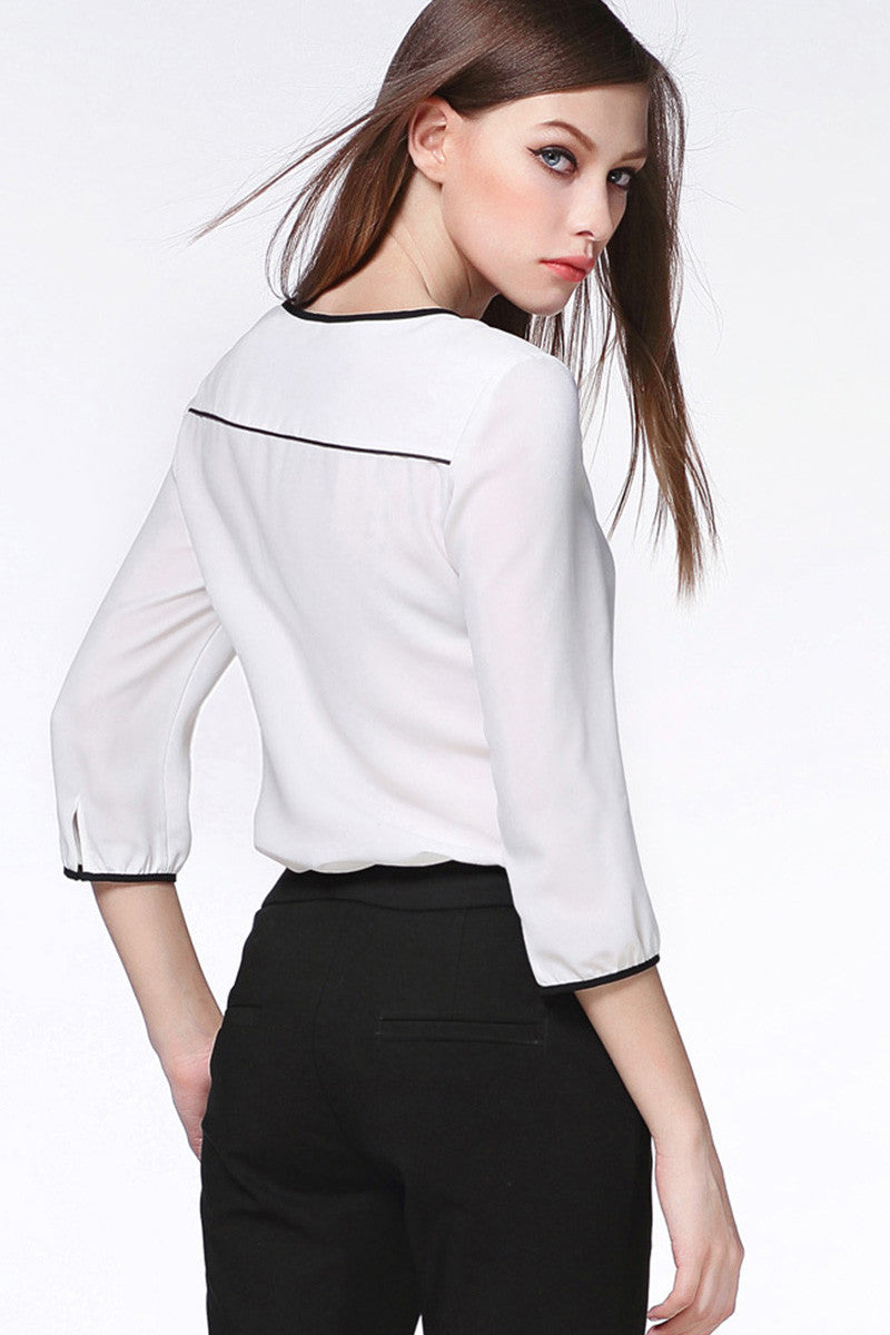 3/4 Sleeve Contrst Piping Blouse