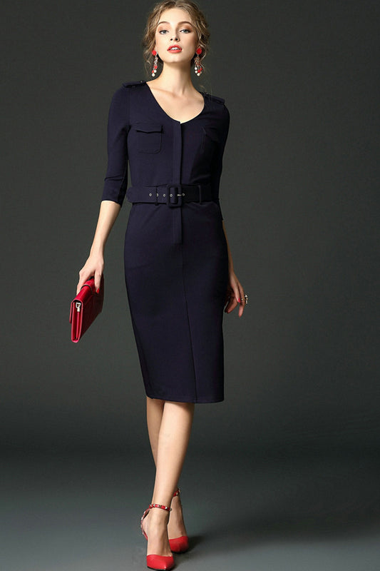 FORMAL V NECK ELEGANT WEAR TO WORK HALF SLEEVE MIDI DRESS WITH BELT