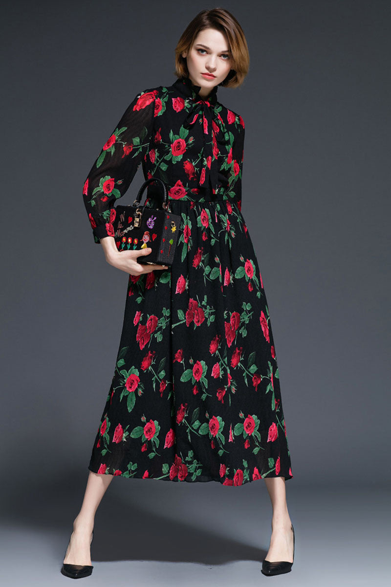 Bowknot Lacing Neck Roses Printing Swing Dress - NJOYDRESS - 1