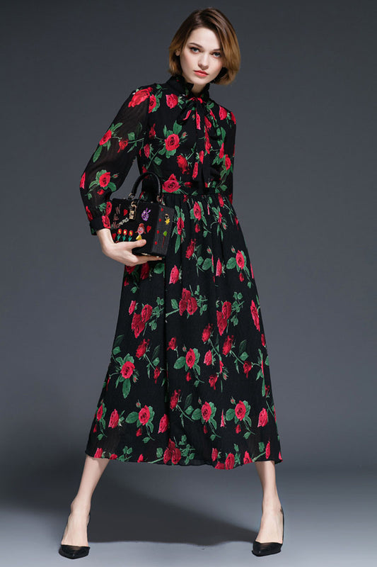 Bowknot Lacing Neck Roses Printing Swing Dress - NJOYDRESS - 1