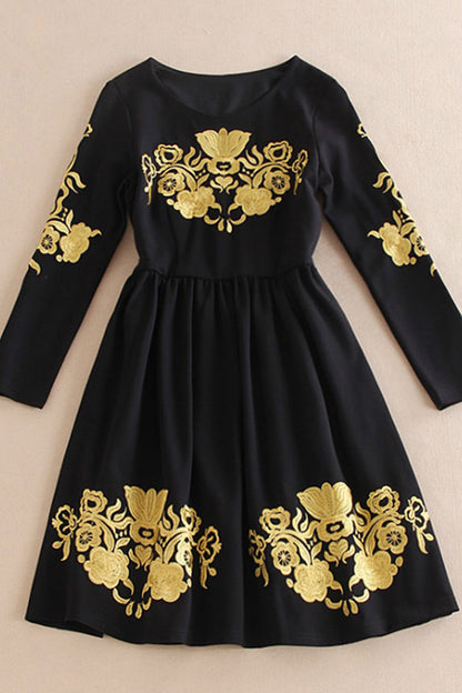 WOMEN'S ELEGANCE PRINTING BLACK A-LINE MIDI DRESS