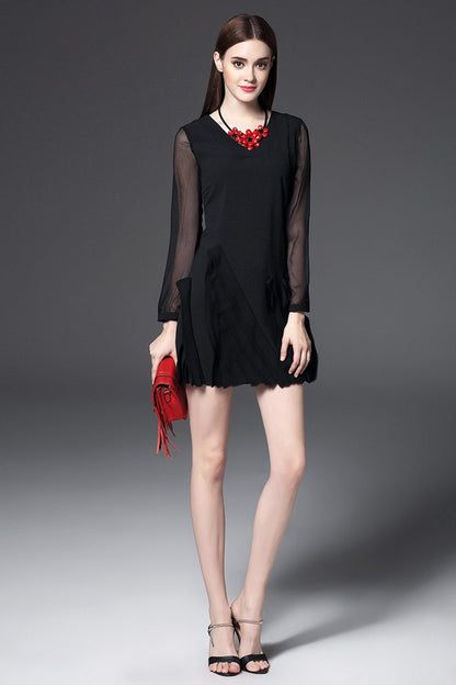 V Neck Mesh Sleeve scoop Back Unique Dress