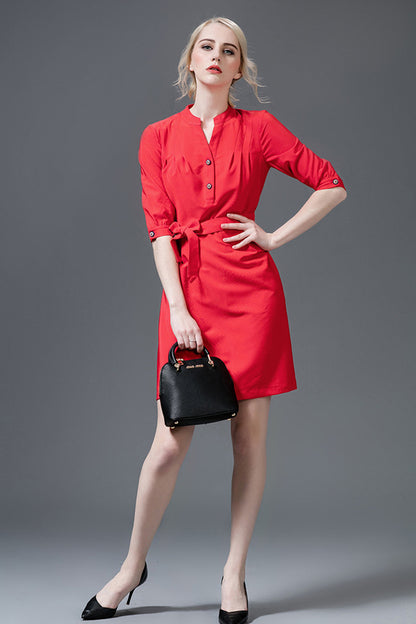 Slit Stand Neck Puff Sleeve Belted Dress