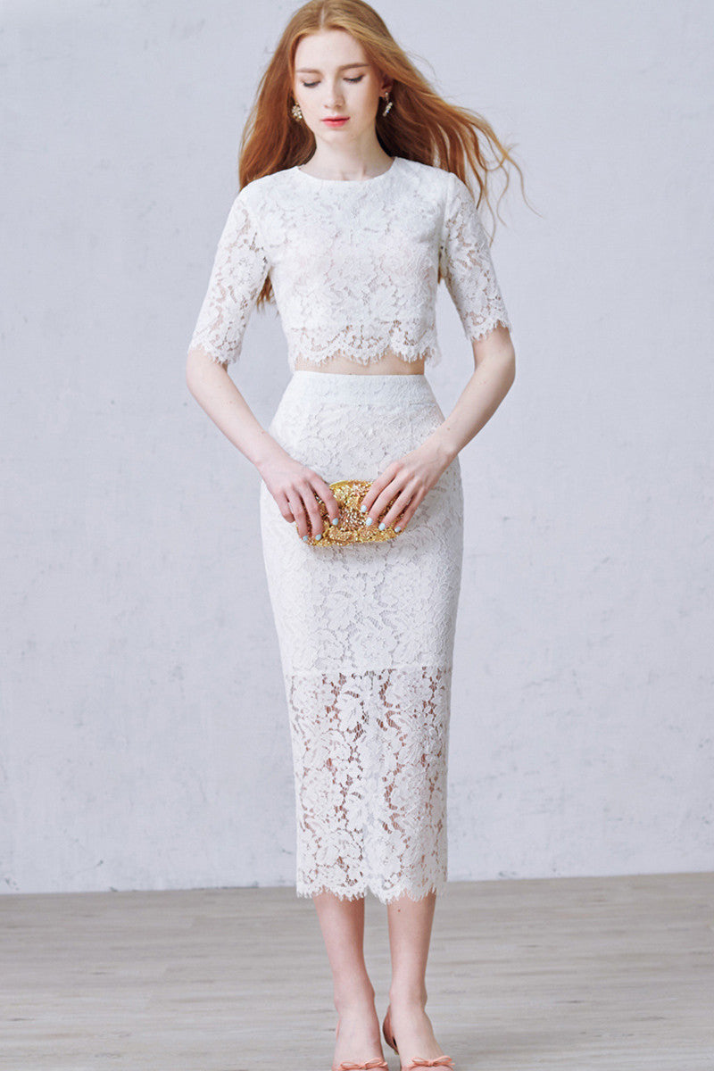 Round Collar Lace Crop Bodycon 2 Piece Party Pencil Skirt Dress