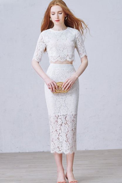 Round Collar Lace Crop Bodycon 2 Piece Party Pencil Skirt Dress