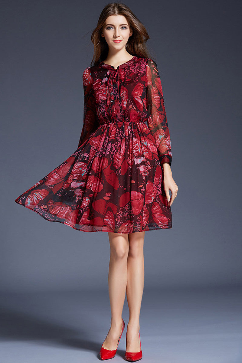 Lacing Bowknot Neck Floral Print Pleat Dress