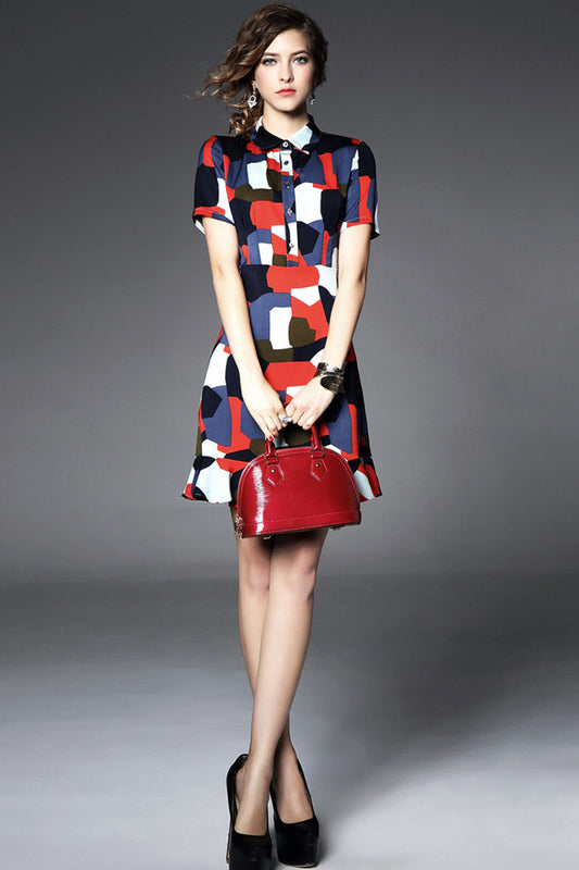 Women's Elegant Color Block Fit Polo Neck Summer Short Skirt - NJOYDRESS - 1