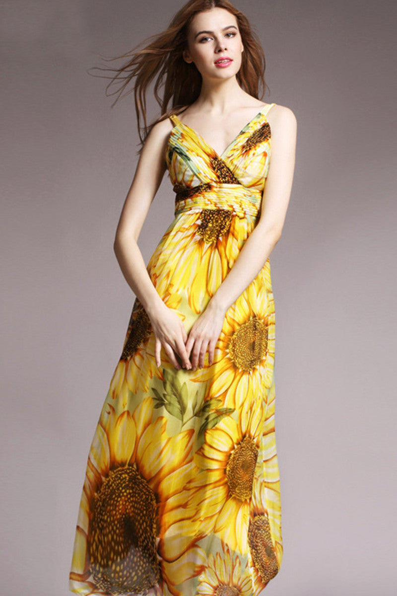 Hawail Spencial Beach Sunflower Surplice Maxi Vacation Dress