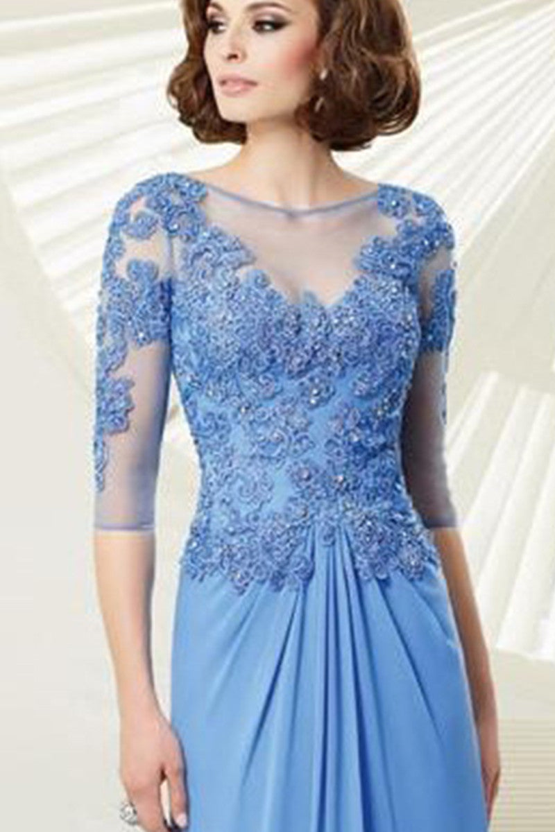 O Neck Lace Illusion Beaded Runched Long Dress