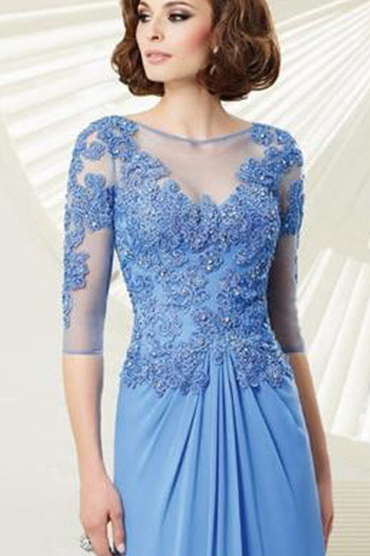 O Neck Lace Illusion Beaded Runched Long Dress