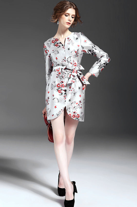 V Neck Floral Print Front Slit Lacing Waist Wrap Dress