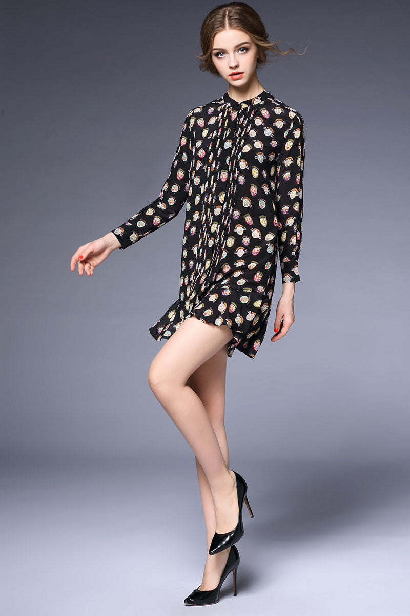 Round Collar Cartoon Pattern Pleat  Loose Dress - NJOYDRESS - 2