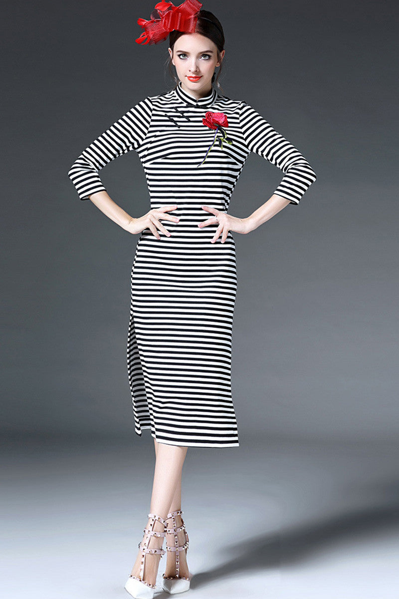 Little Turtle Neck Stripe Pattern Rose Jacquard 3/4Sleeve Chi-pao Button Side Slit Dress - NJOYDRESS - 1