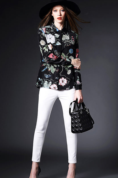 LONG SLEEVE POLO NECK PRINT AND FLORAL T-SHIRT