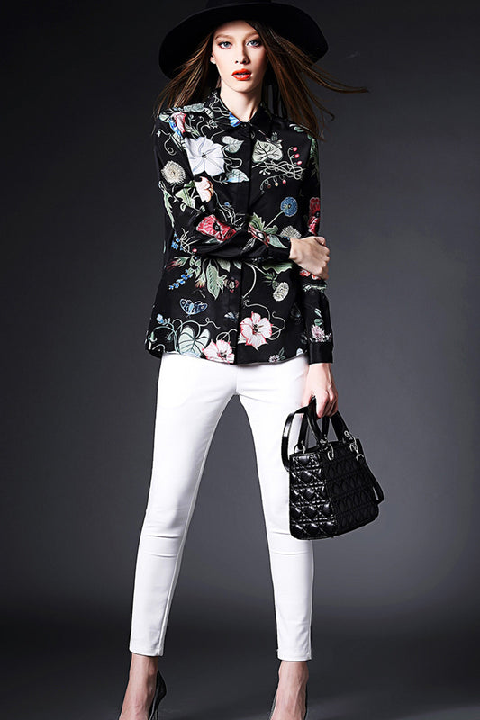 LONG SLEEVE POLO NECK PRINT AND FLORAL T-SHIRT
