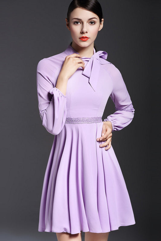 Bowknot Lacing Neck Lattern Sleeve Lace Patch Shirring Waist Chiffon Pleat Dress