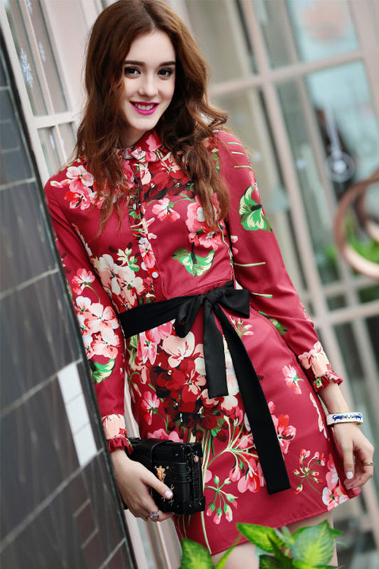Roll Collar Flare Patch Sleeve Flower Pattern Dress With Belt - NJOYDRESS - 1